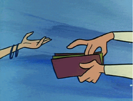 Gif animé d'une personne tendant d'une main un billet et de l'autre tenant un porte monnaie et l'autre personne prenant le porte monnaie.
